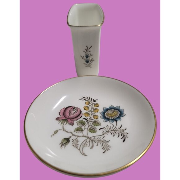 Minton Bone China Floral Toothpick Holder & Trinket Dish Set With Gold Trim - Picture 2 of 7